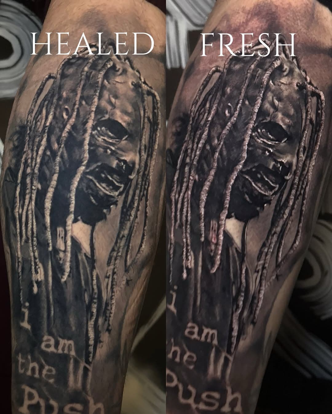 Side-by-side comparison of the same black-and-grey portrait tattoo, labelled healed on the left and fresh on the right.